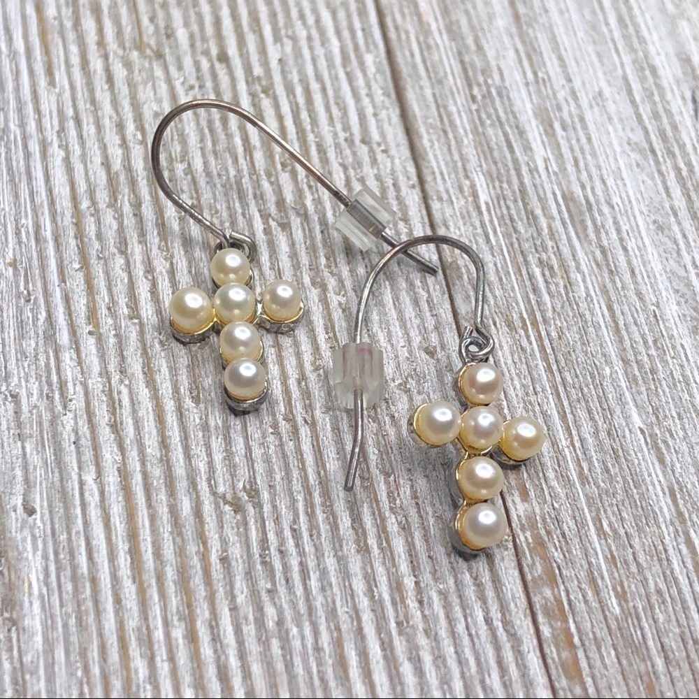 Sterling Silver Seed Pearl Cross Hook Earrings - Picture 5 of 6